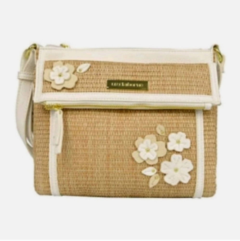 Liz Claiborne Crossbody Idol Khaki  Straw Floral Small Purse Easter $50 NWT